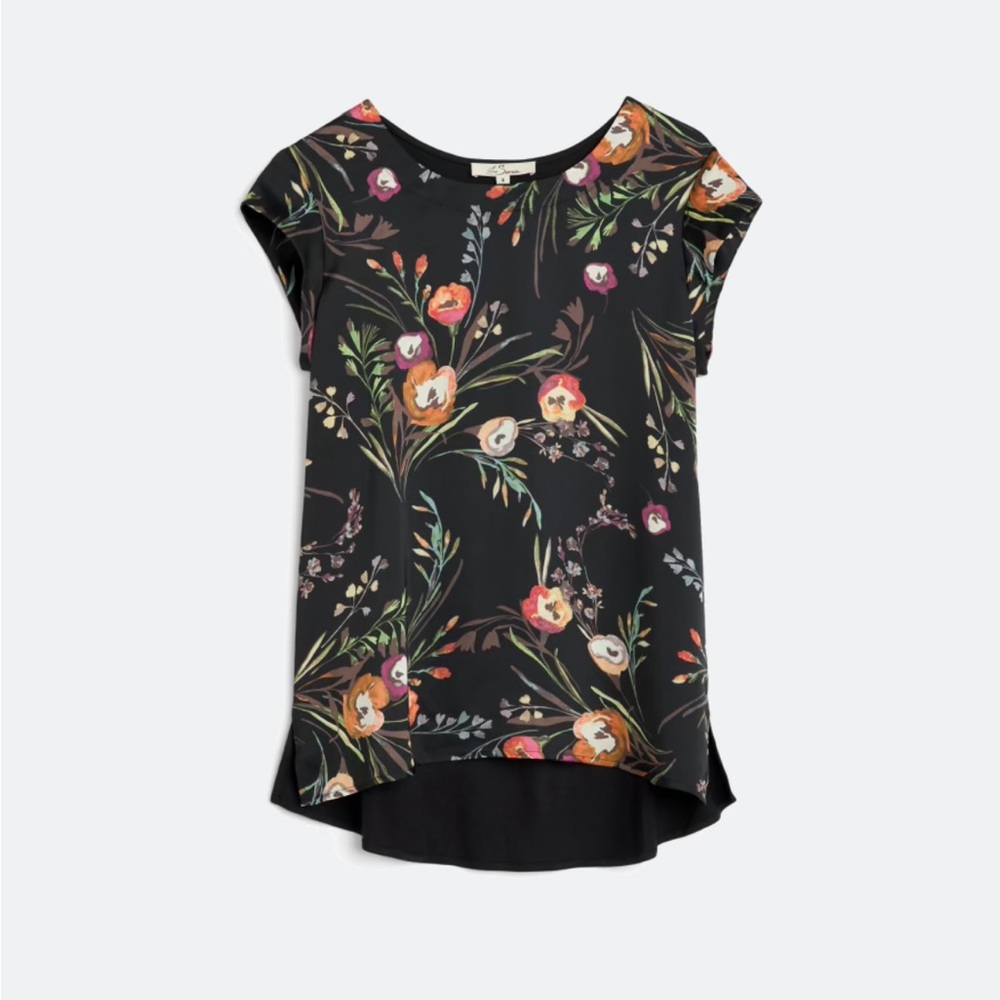 XL Les Serein “Daniella” mixed materials short sleeved floral blouse relaxed fit